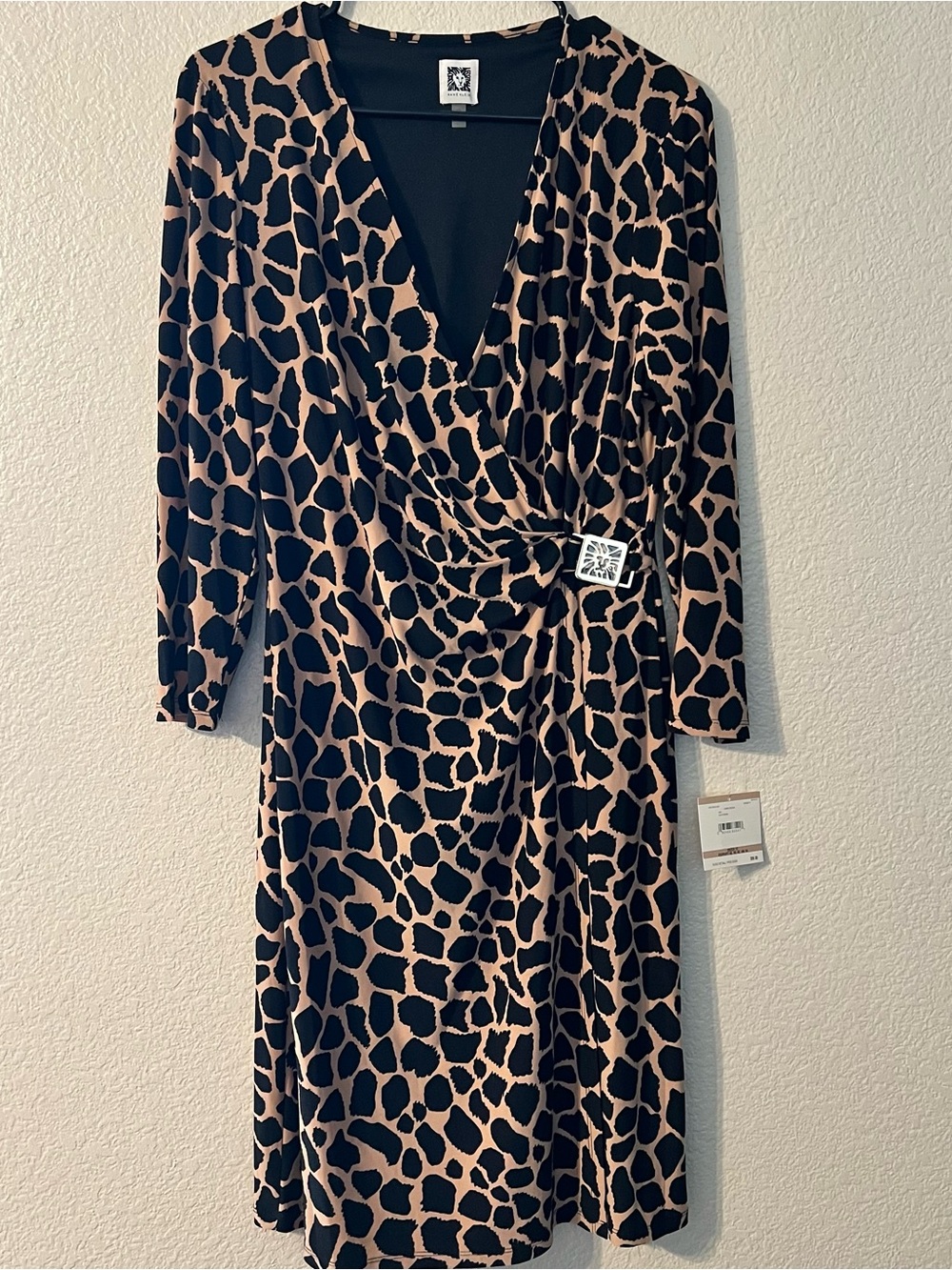 Anne Klein Black and Tan Giraffe print wrap dress